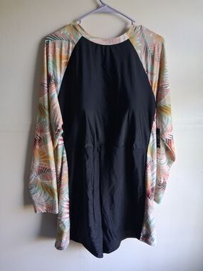 torrid Black One-Piece Swim with Pastel Palm Print Sleeves